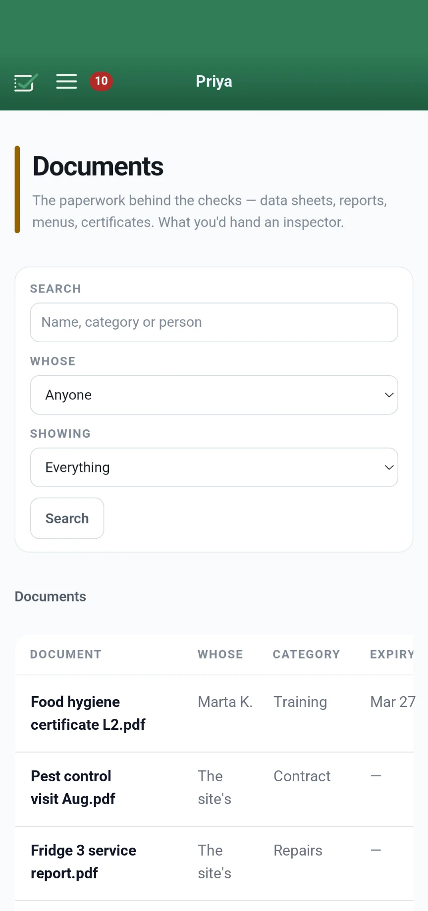 The documents screen on a phone: certificates and reports with who they belong to, category and expiry