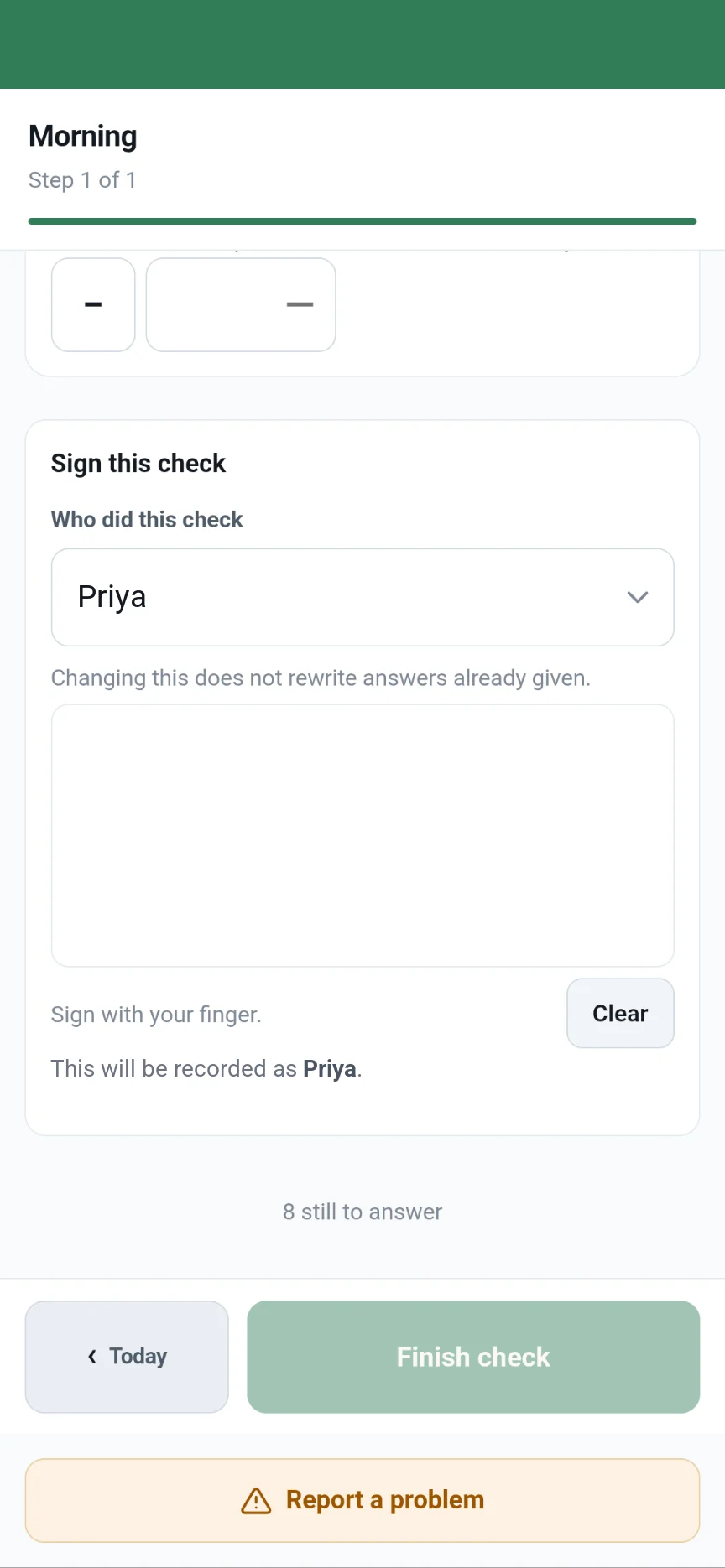 Signing a check on a phone: pick who did it, sign with a finger