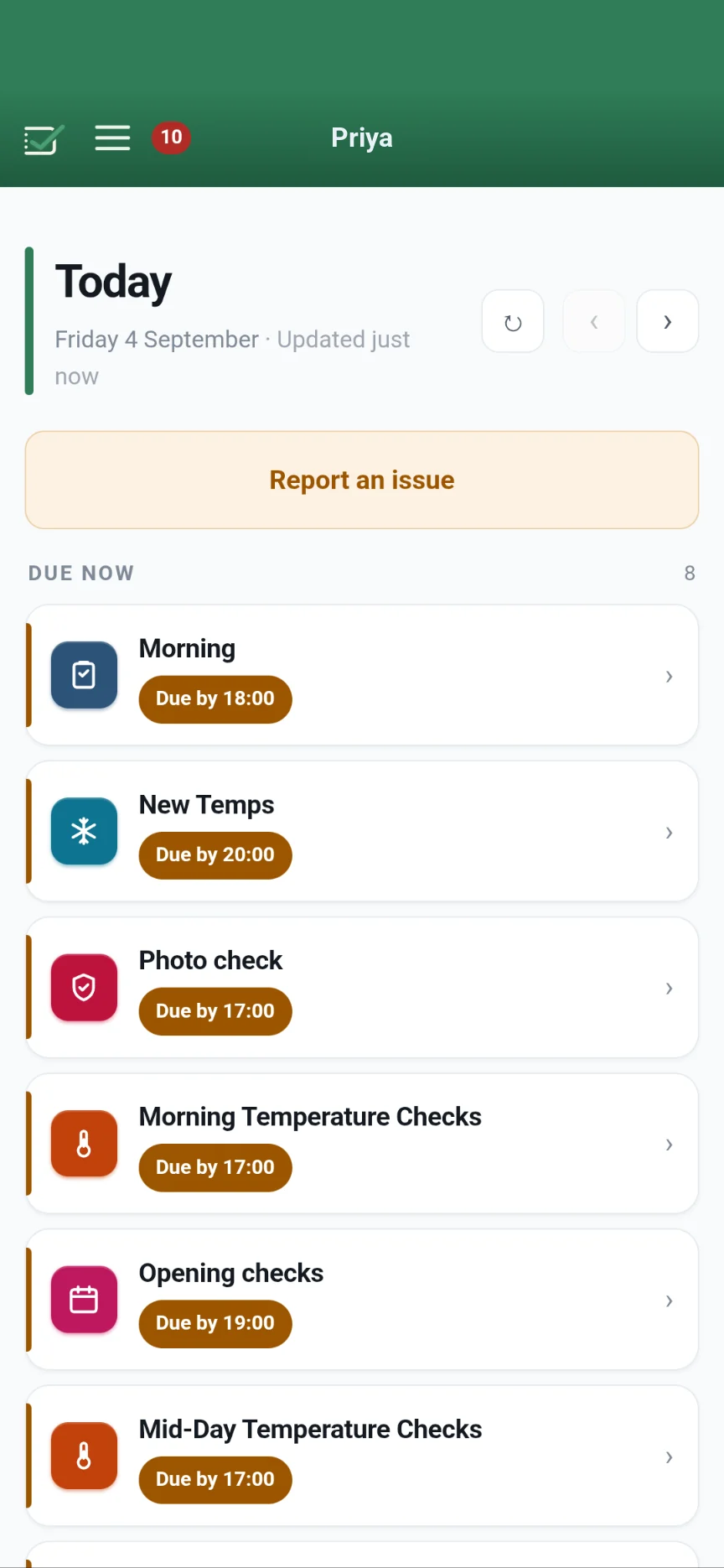 The Today screen on a phone: the checks due now, each with its due time
