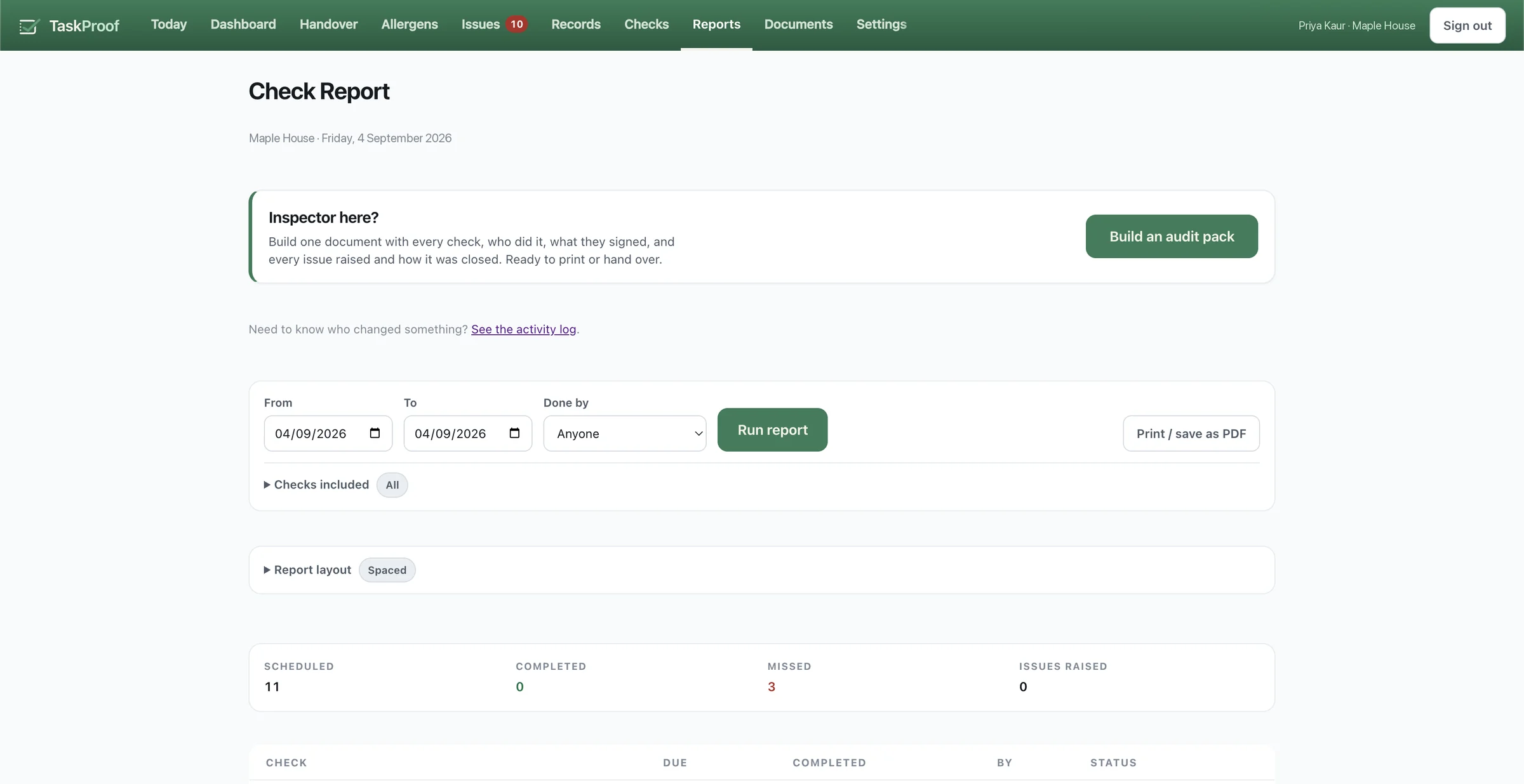 The reports page, with 'Inspector here? Build an audit pack' at the top and a check report below